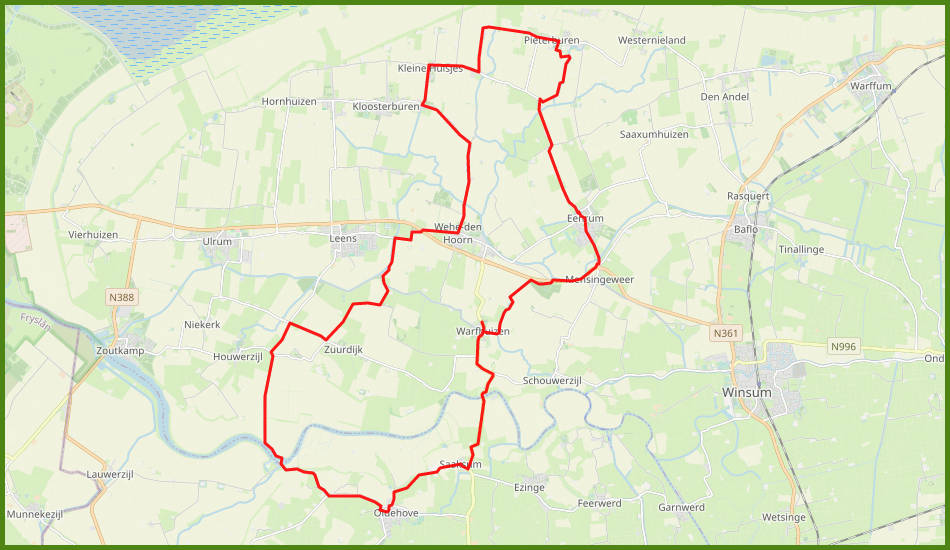 kaart fietsroute van Warfhuizen via Saaksum, Wehe-den Hoorn, Pieterburen en Eenrum naar Warfhuizen in Groningen, Nederland