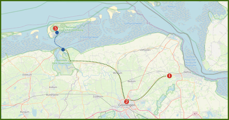Kaart van de rondreis langs stad, ommeland en eiland in Noord Groningen